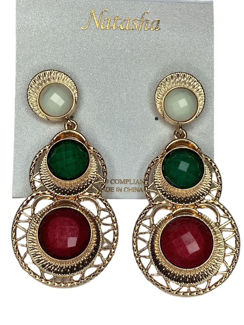 Natasha Tasha Red Green White Gold Drop Earrings New